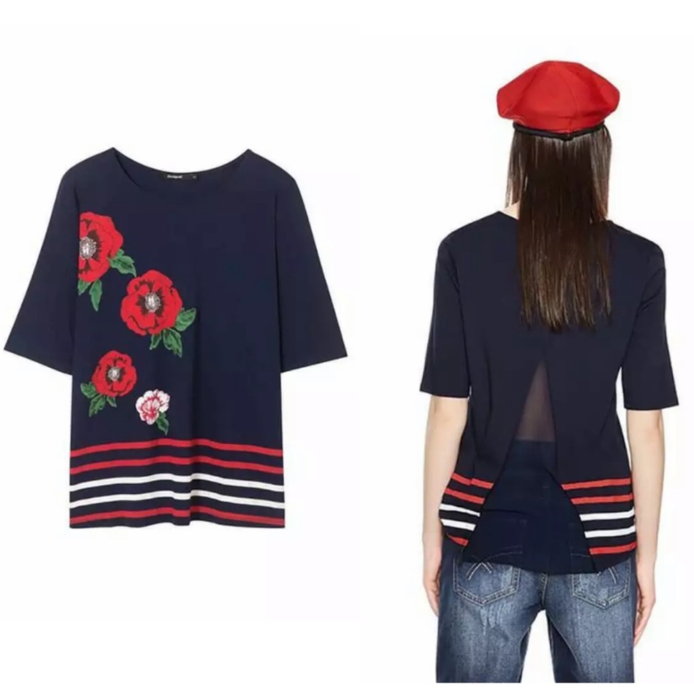 Desigual | Summertime Floral Print Tee Split Back Navy Blue Red Size XS